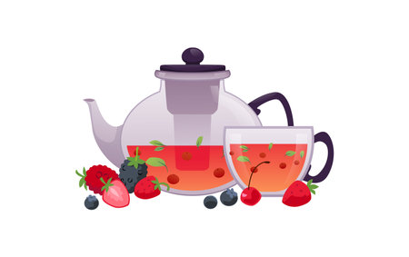 Glass teapot with tea, mug and berries nearby, aromatherapy. Vector illustration.のイラスト素材