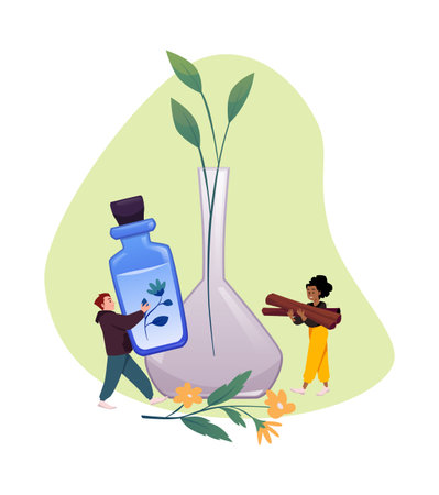 People are holding blue glass bottle of herbal liquid with flower and rolled sticks of cinnamon, vector aromatherapyのイラスト素材