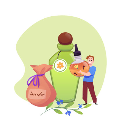 Vector illustration of little man near bottles of cosmetic herbal products.のイラスト素材