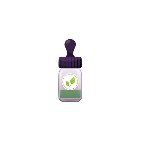 Aroma bottle. Vector of dropper bottle with green liquid inside and round label with leaf.のイラスト素材