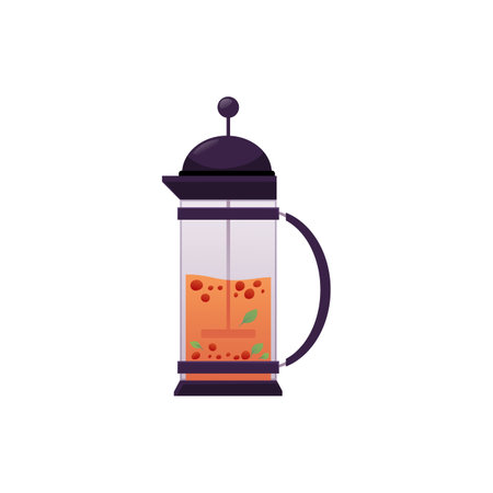 French press teapot with leaves, berries, fruit and spices, vector herbal tea brewing, kettle with floral hot beverageのイラスト素材