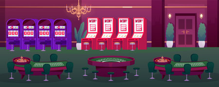 Slot machines and poker tables in casino interior, win jackpot casino, gambling game, vector flat entertainment industryのイラスト素材