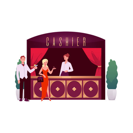 Woman standing on the casino cashier to change casino chip to money prize, lucky people winner vector illustrationのイラスト素材