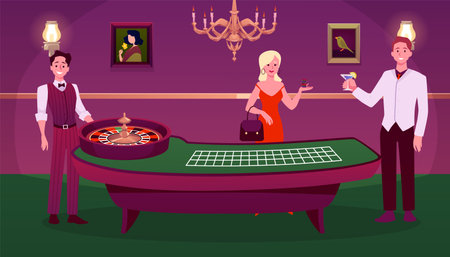 Vector casino interior with poker table, croupier, player and waiter.のイラスト素材