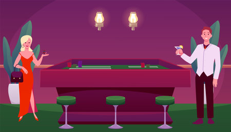 Smiling couple standing at poker table, gambling game with cards and chips, casino entertainment vector illustrationのイラスト素材