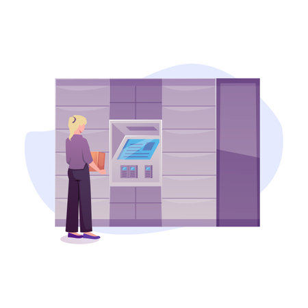 Self service locker, woman sends the parcel via self-delivery post station, vector automat machine, shipment terminalのイラスト素材