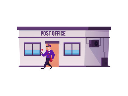 Vector illustration of post office building with postman coming out.のイラスト素材