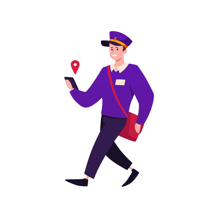 Cheerful postman in uniform with parcels and letter delivers mail using smartphone navigation, vector courier serviceのイラスト素材
