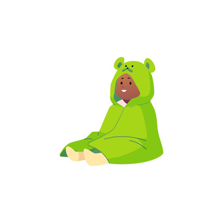 Cute little baby sitting in green towel with muzzle and ears, vector cartoon first year child wiping after shower, bathのイラスト素材