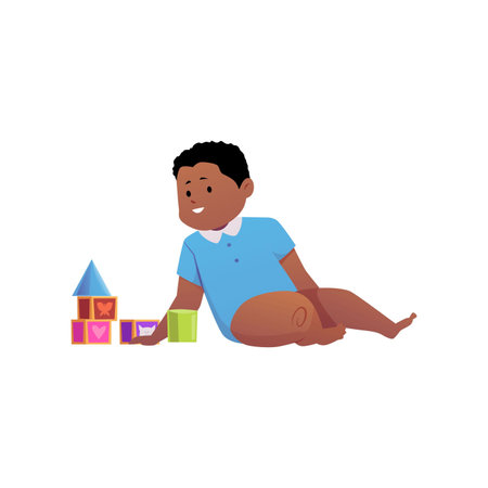 Vector illustration of a dark-skinned little boy sitting near colorful blocks.のイラスト素材