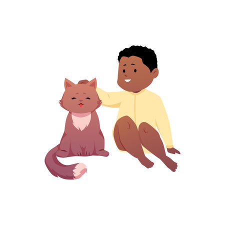 Cute happy baby sitting and caress fluffy cat, vector cartoon first year dark skin child with pet friend, affectionのイラスト素材