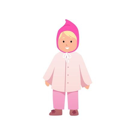 Cute beautiful blond baby girl in outerwear and a pink hat, vector cartoon lovely toddler going for a walk, happy infantのイラスト素材