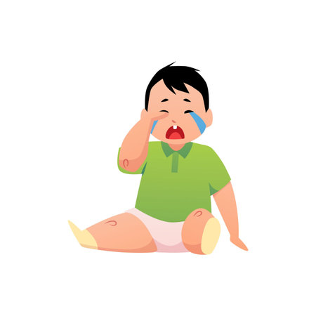 Cute little baby in diaper sitting and crying, vector cartoon first year child expression of sadness, capricious toddlerのイラスト素材