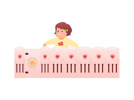 Cute happy baby girl on the playground behind a beautiful fence, vector cartoon lovely first year child safety activityのイラスト素材