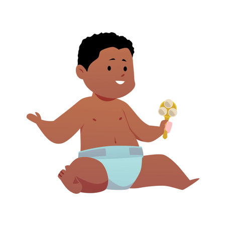 Cute happy baby boy in diaper sitting and holding rattle toy, vector cartoon first year dark skin child infant playingのイラスト素材