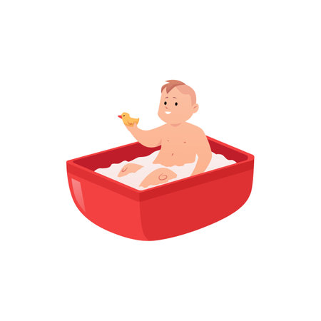 Little baby take a bath in the red bathtub, vector cartoon smile toddler playing with duck toy in bath, infant hygieneのイラスト素材