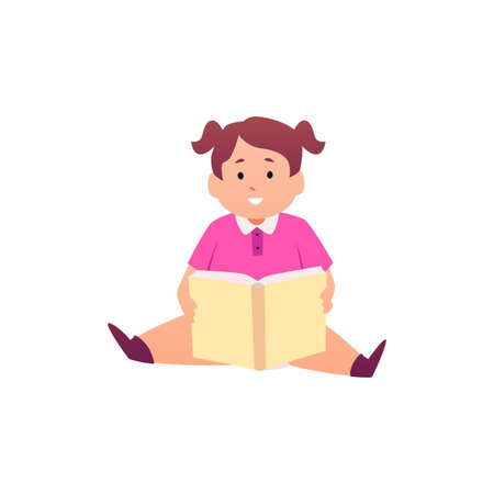 Cute lovely little baby girl sitting and enjoying reading the book, vector illustration of first year child educationのイラスト素材