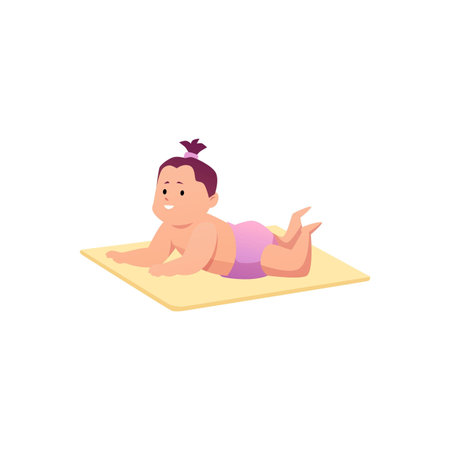 Cute lovely little baby girl in pink diaper lies on belly, vector cartoon first year toddler activity, happy infant playのイラスト素材