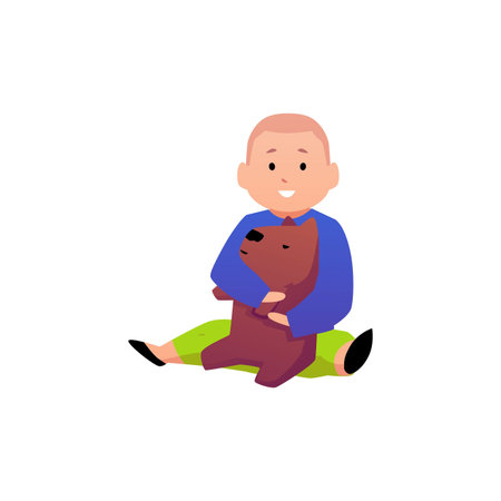 Cute happy baby boy sitting and hugging the dog toy, vector cartoon first year of child, funny infant, cheerful toddlerのイラスト素材