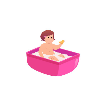 Vector illustration of little girl bathing in bright pink bathtub with toy duck in her hands.のイラスト素材