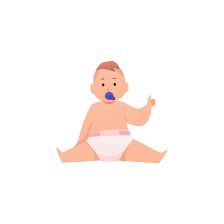 Illustration of little baby in diaper, sitting with pacifier in his mouth and showing thumb up.のイラスト素材