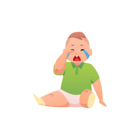 Cute baby sitting and crying, vector first year child shows negative emotion, expression of sadness, capricious toddlerのイラスト素材