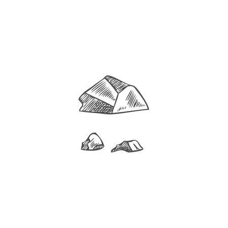 Vector black and white sketch of unmolded piece of chocolate with crumbs, hand drawn.のイラスト素材