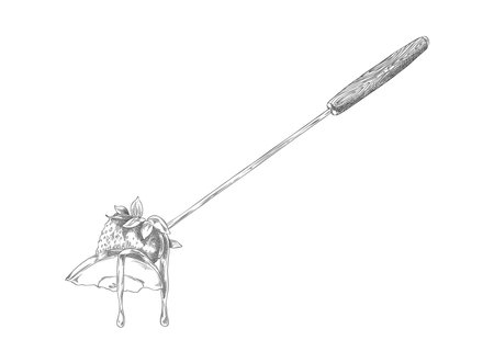 Strawberry and apple slice with melted chocolate on the skewer engraved hand drawn vector, berry and fruit fondue sketchのイラスト素材