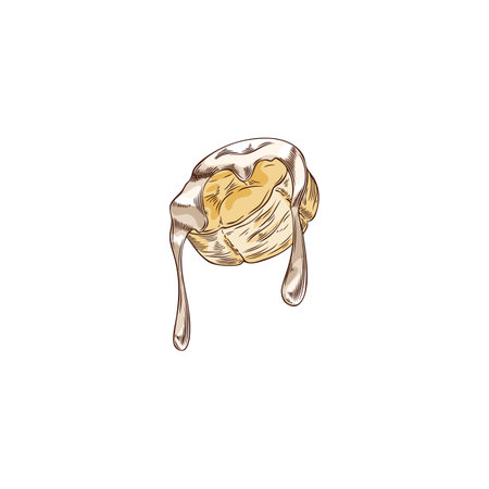 Slice of banana in melted white chocolate hand drawn vector icon, fondue sketch, tropical fruit piece in dripping cheeseのイラスト素材