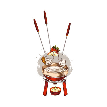 Berries and pieces of fruit on skewer with melted white chocolate hand drawn vector, candle with fondue bowl sketchのイラスト素材