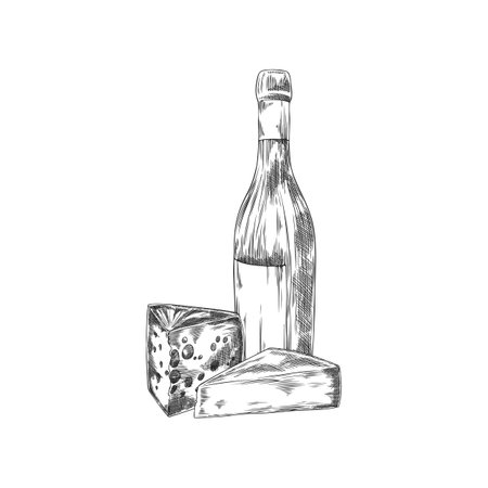 Composition of different cheeses with bottle of wine vector sketch, engraved hand drawn emmental and gruyere piecesのイラスト素材