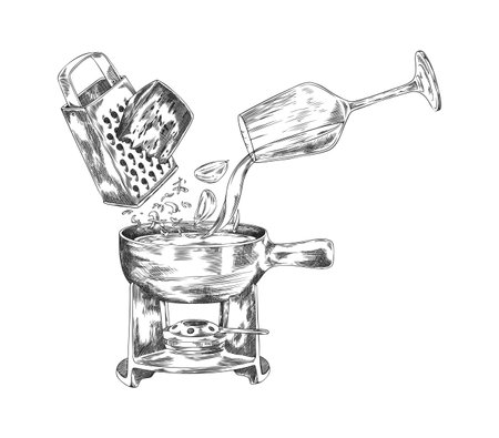 Making cheese fondue with fondue pot, grater, cheese, glass of wine, and garlic.のイラスト素材