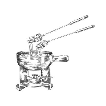 Monochrome sketch of fondue pot with forks holding pieces of loaf with melted cheese.のイラスト素材
