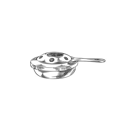 Container with handle for heating fondue bowl hand drawn vector engraved illustration, fondue cooking utensil burnerのイラスト素材