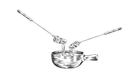Cheese fondue vector ink sketch, engraved hand drawn melted cheese with bread slice on the skewer, fondue bowlのイラスト素材