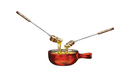 Cheese fondue vector sketch, melted cheese with bread slice, fondue bowl, dripping hot cream on the skewer with toastのイラスト素材