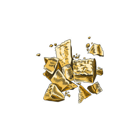 A pile of yellow cheese cubes sketch, Parmesan cheese grated pieces heap, milk food production, hand drawn vectorのイラスト素材