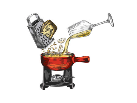 Cheese fondue cooking vector sketch, grated Edam cheese, garlic and glass of wine, fondue bowl heating on the standのイラスト素材