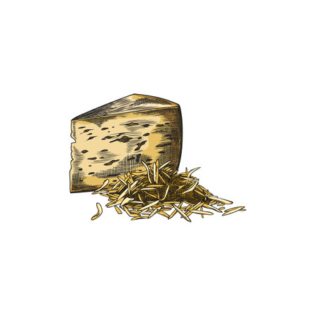 Edam cheese with holes triangle part and grated vector sketch, hand drawn healthy snack, Cheddar piece milk productionのイラスト素材
