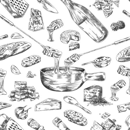 Monochrome seamless background with fondue ingredients and equipment, hand drawn vector.のイラスト素材