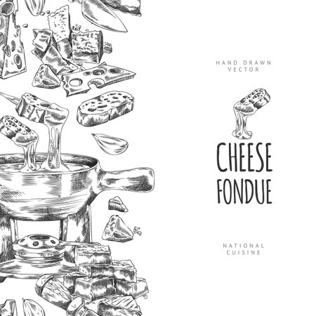 Vector poster with side seamless border of cheese fondue ingredients and equipment, hand drawn.のイラスト素材
