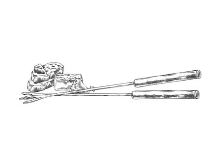 Black and white sketch with fondue forks, bread slices and cheese slices.のイラスト素材