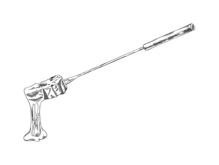 Monochrome sketch of fondue stick with a piece of loaf with melted cheese.のイラスト素材
