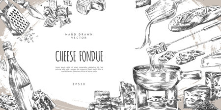 Cheese fondue engraved sketch vector banner, melted cheese with bread slice on fondue skewer and bowl, wine and garlicのイラスト素材