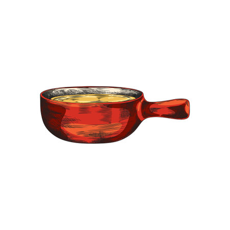 Fondue bowl with melted cheese hand drawn vector illustration, cheese cream fondue pot with handle sketchのイラスト素材
