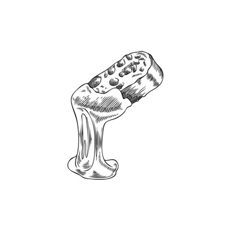 Melted cheese on bread slice vector sketch, hand drawn engraved illustration of fondue dish, dripping cheese on toastのイラスト素材