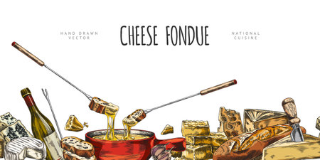 Banner with watercolor sketch of fondue equipment and ingredients in seamless bottom border.のイラスト素材