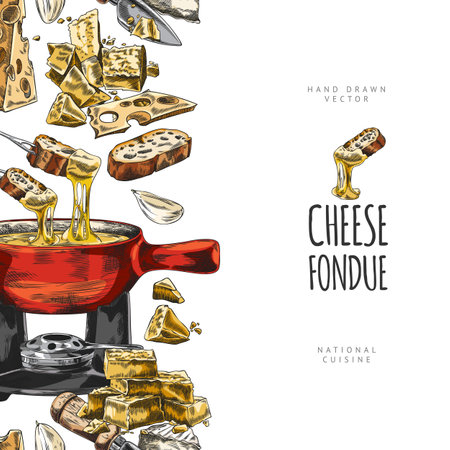 Cheese fondue sketch vector border design, melted cheese with bread slice on fondue skewer and bowl on stand, garlicのイラスト素材