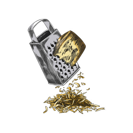 Edam cheese grated by kitchen grater equipment vector sketch, hand drawn healthy snack, cooking recipe ingredientのイラスト素材
