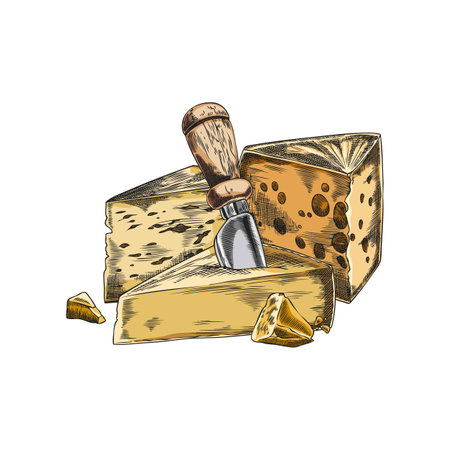 Composition of different cheeses with cheese knife vector sketch, hand drawn emmental, edam, gruyere and parmesan piecesのイラスト素材
